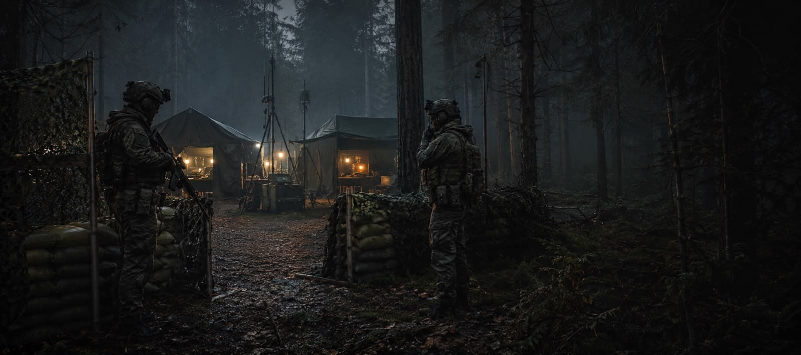 Forward camp with lit tents in a forest at dusk