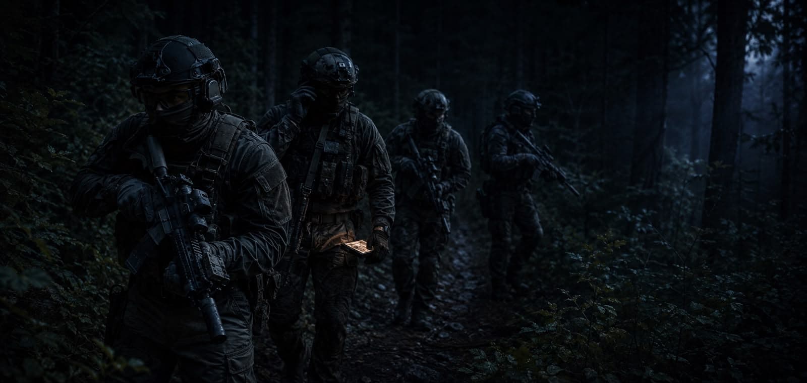 Night patrol moving through dense forest