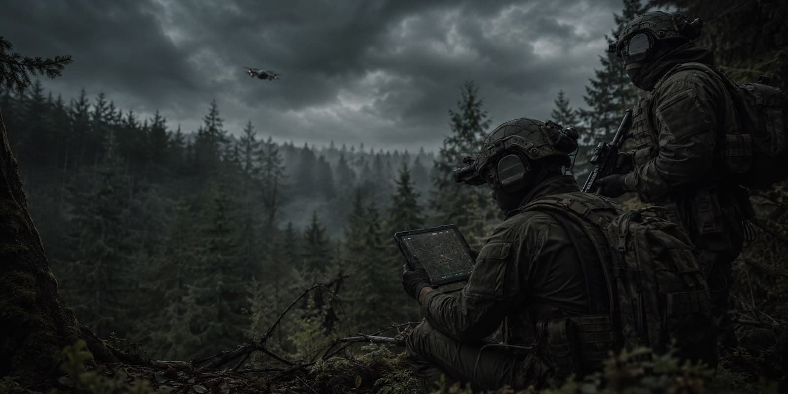 Recon team with a drone overlooking a misty forest