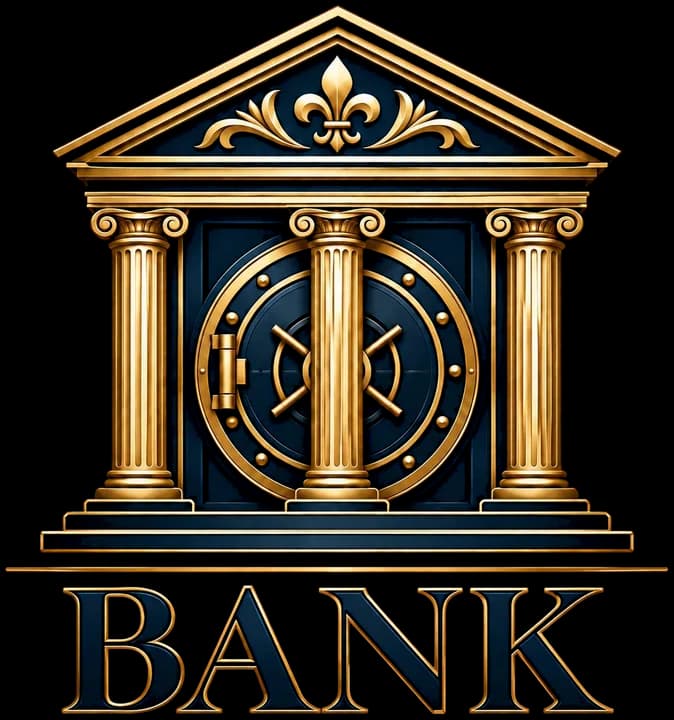 Bank logo: a gold temple front with columns in front of a round vault door, the word BANK underneath