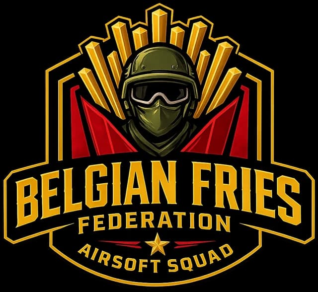 Belgian Fries Federation logo: a soldier in a helmet and goggles in front of golden fries, Airsoft squad underneath