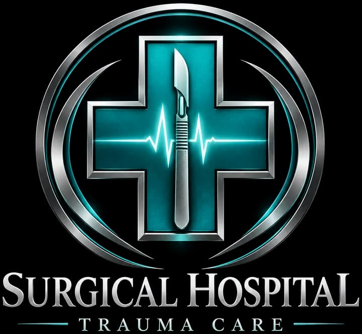 Surgical Hospital logo: a teal cross with a scalpel and a heartbeat line in a silver ring, the words Surgical Hospital, Trauma care underneath