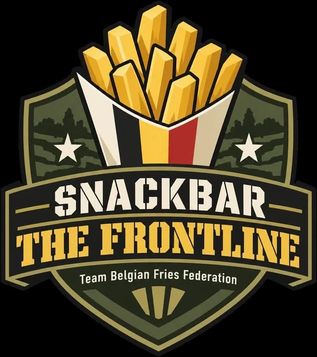 Snackbar The Frontline logo: Belgian fries in a black, yellow and red cone on a camouflage shield with two stars