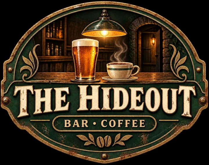 The Hideout logo: a pint of beer and a cup of coffee on a bar counter under a lamp